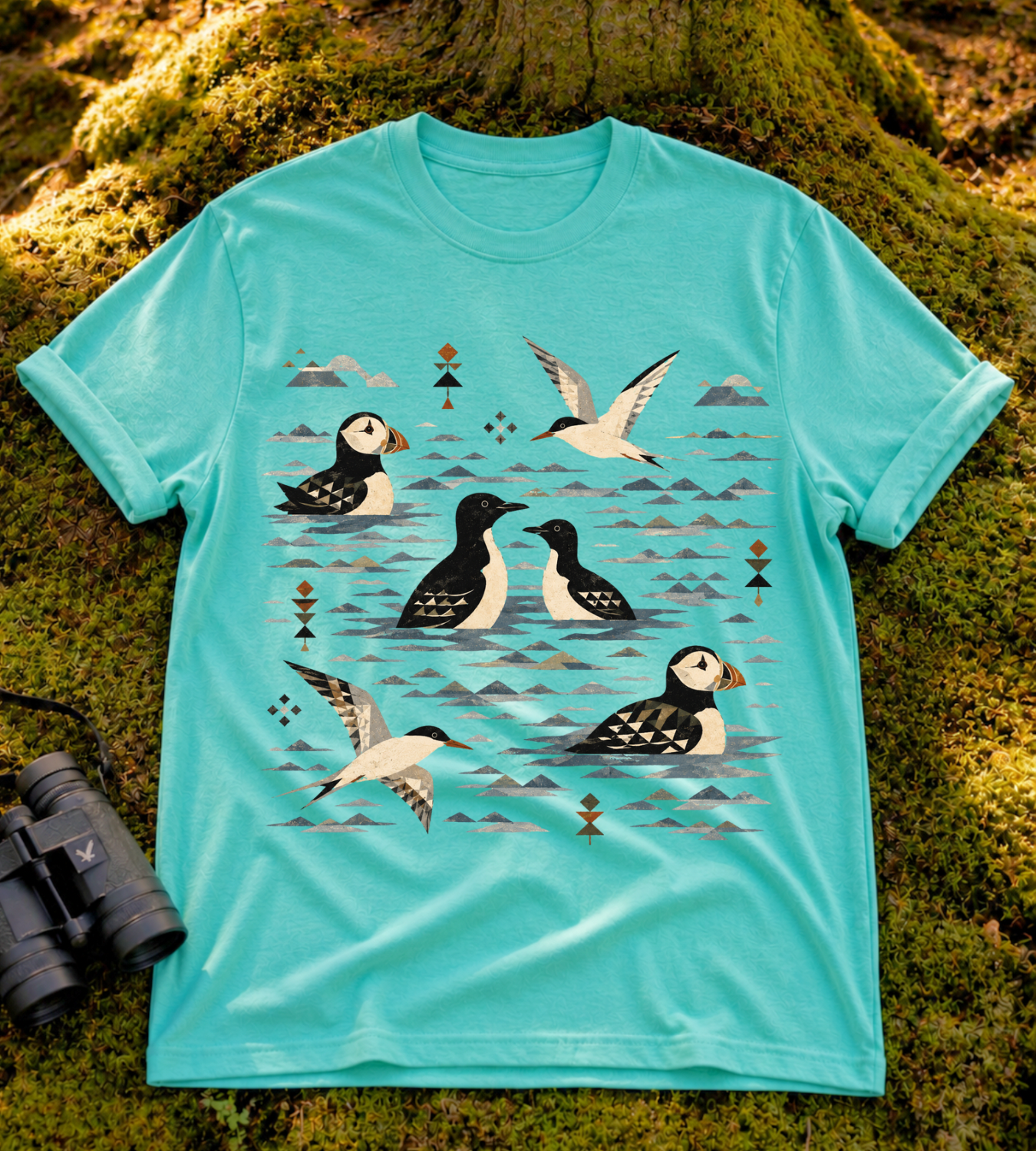 Folk Art Puffin & Seabird T Shirt