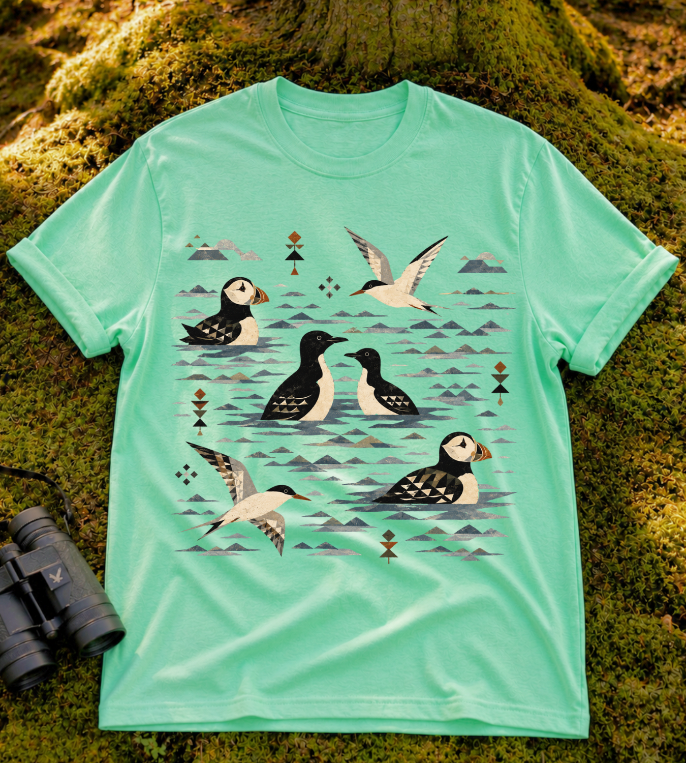 Folk Art Puffin & Seabird T Shirt