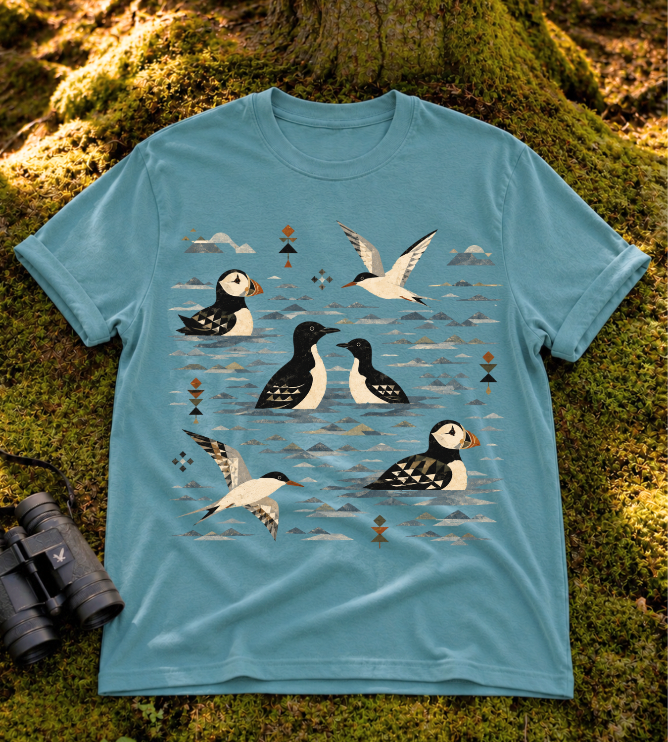 Folk Art Puffin & Seabird T Shirt