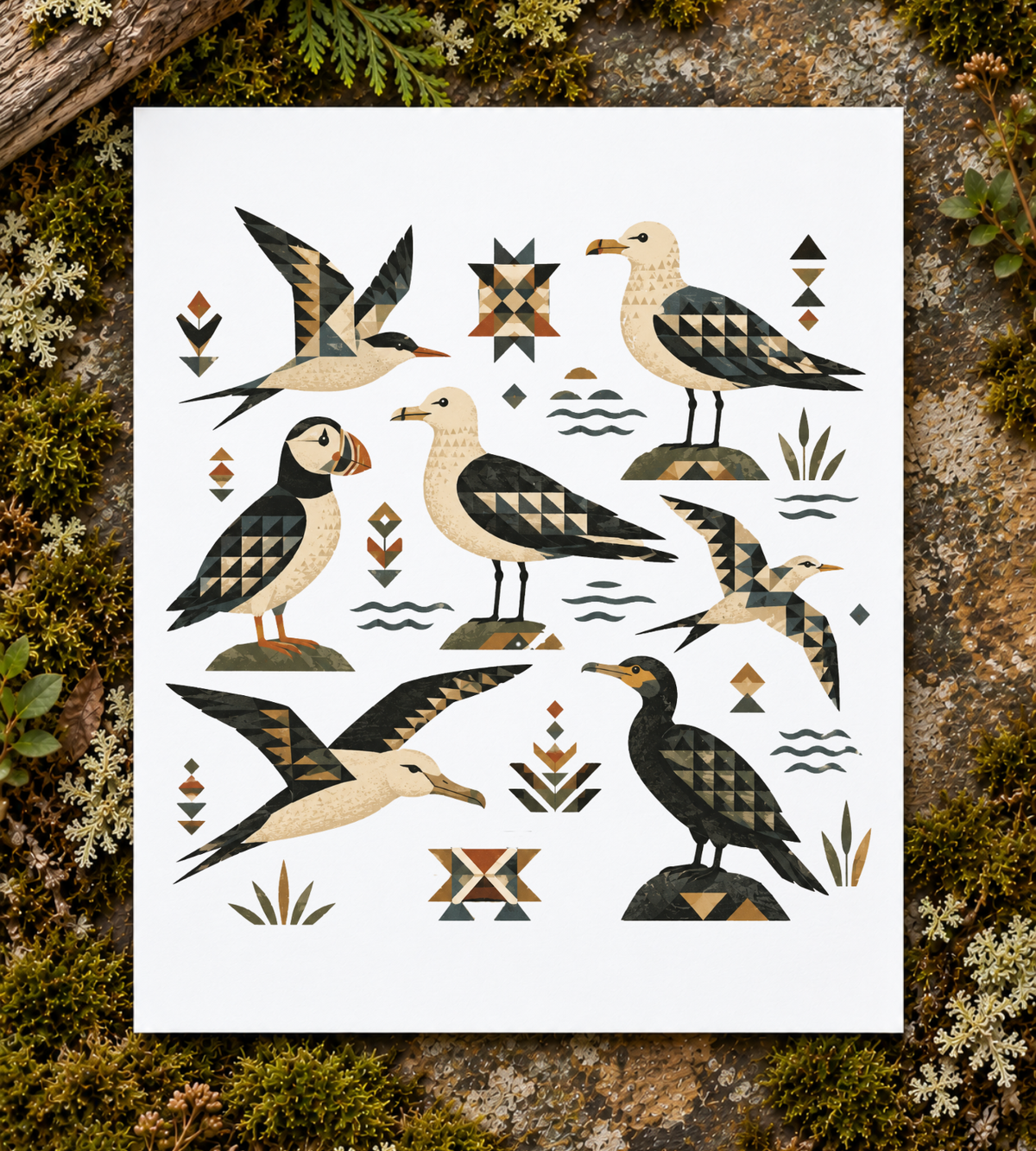Folk Art Seabirds Art Print