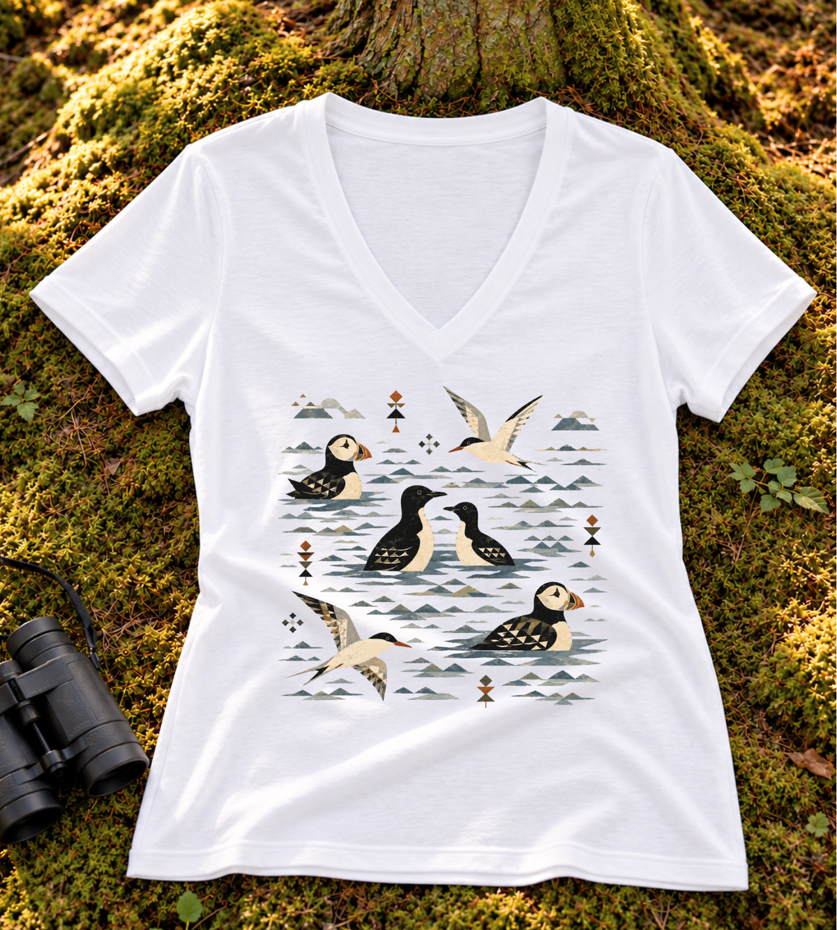 Folk Art Puffin & Seabird Women’s V Neck
