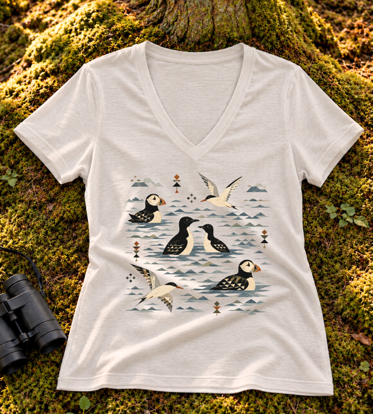 Folk Art Puffin & Seabird Women’s V Neck