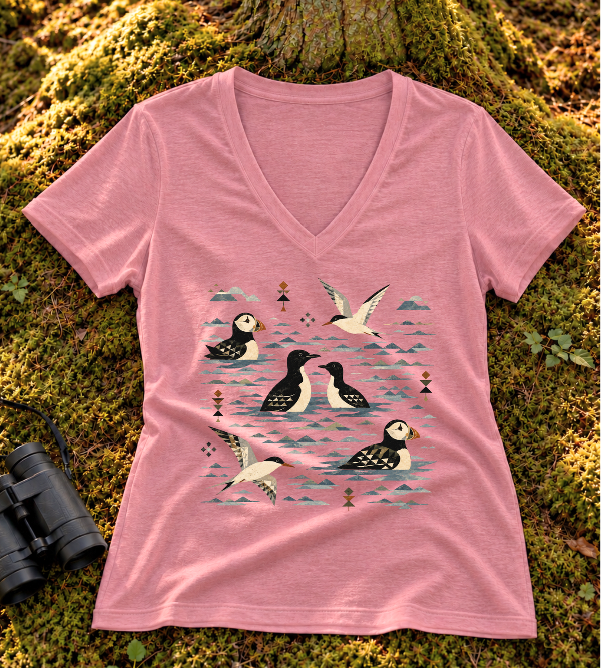 Folk Art Puffin & Seabird Women’s V Neck