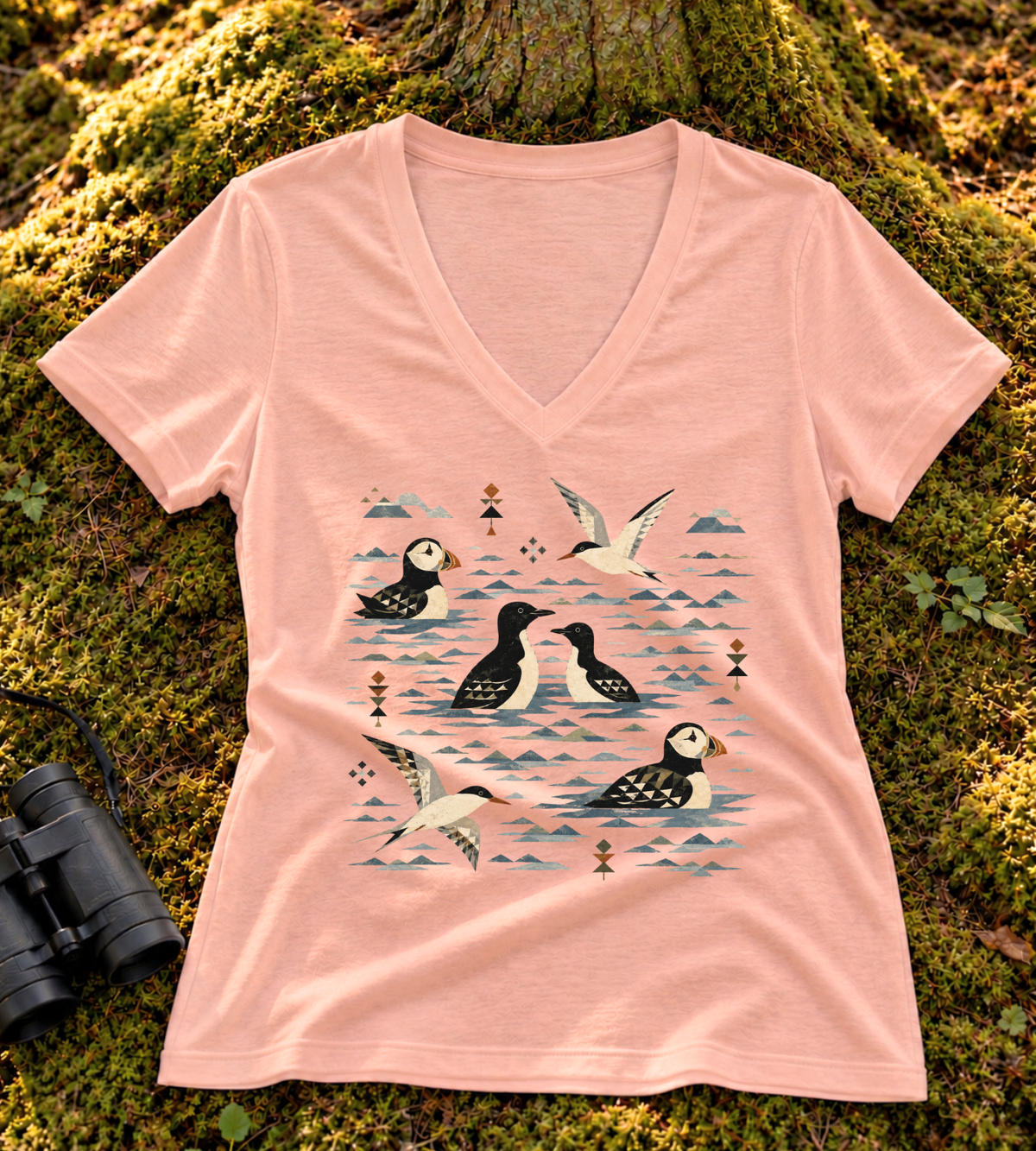 Folk Art Puffin & Seabird Women’s V Neck