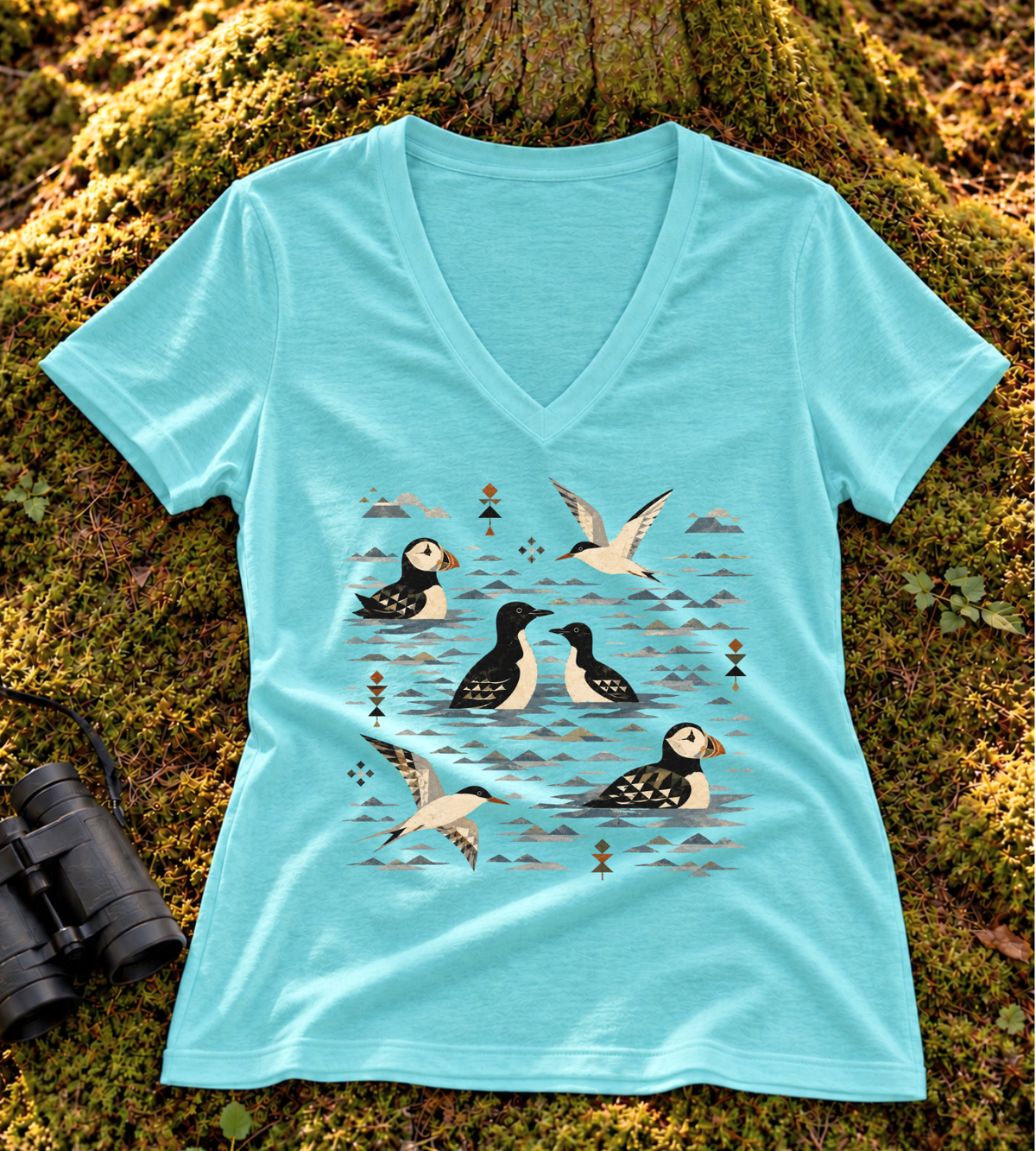 Folk Art Puffin & Seabird Women’s V Neck
